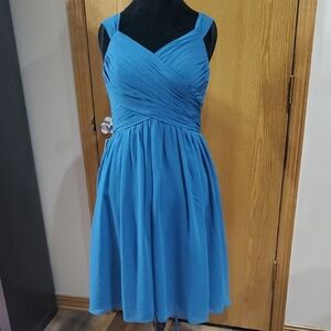 Azazie Angie Ink Blue Ruched V-Neck Midi Dress for Wedding Guest